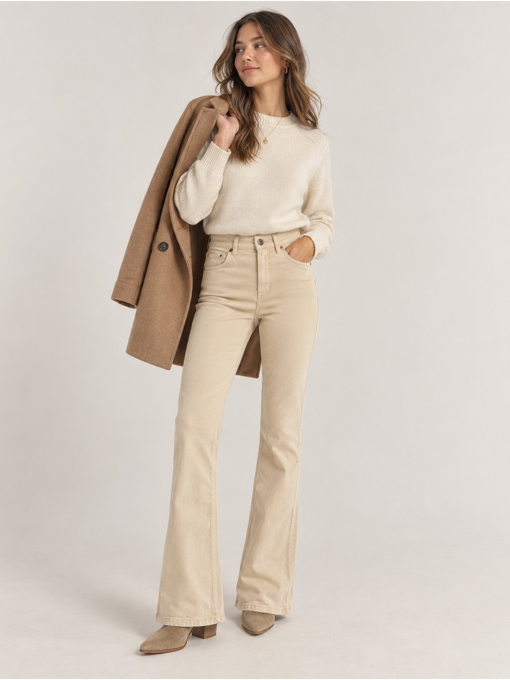 Zara High Rise Flare Jeans Beige Ecru Women’s Size 6